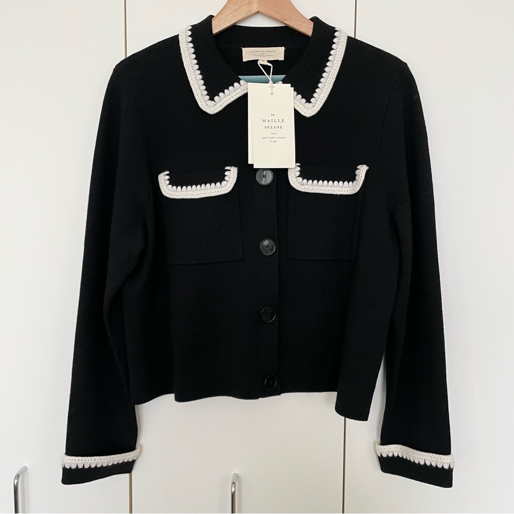 Sezane Betty Cardigan Black & Ecru Crochet - Picture 3 of 9